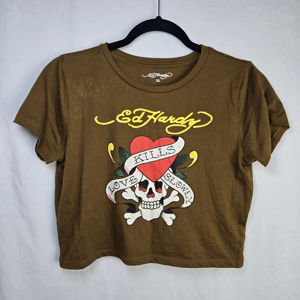 Ed Hardy Crop Top XL Brown Love Kills Slowly Skull Heart Graphic Y2K Tattoo